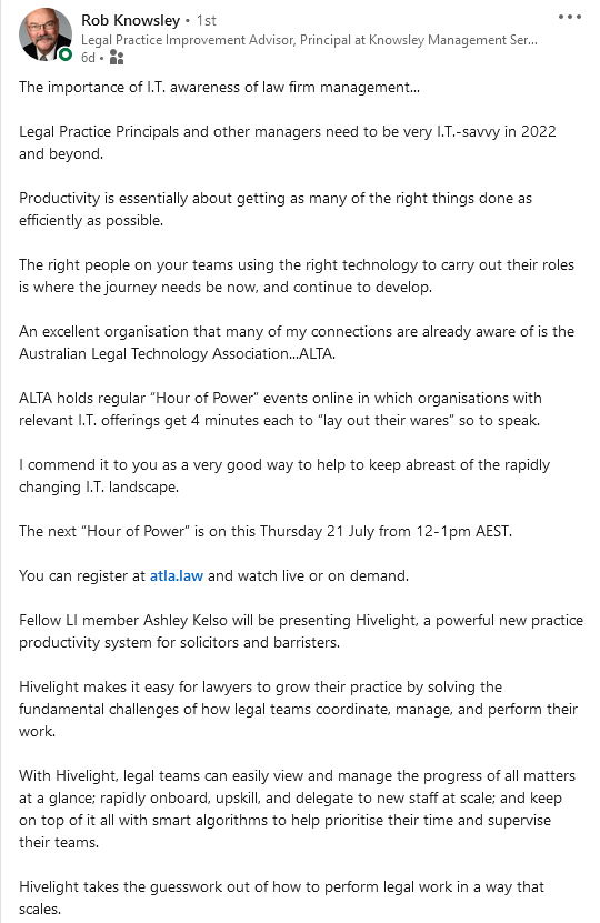 The importance of IT in law firm management - ATLA Hivelight Demo